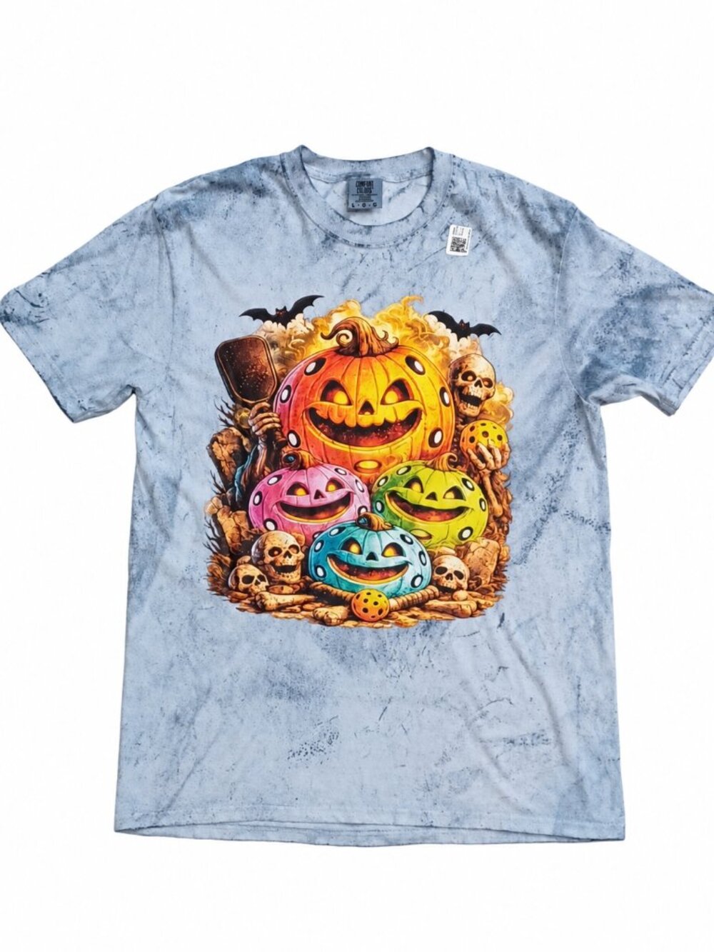 Large Mens Halloween Pickleball Pumpkin Skeleton Mineral Wash Graphic T-Shirt